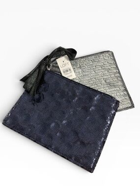 LOFT Navy & Silver Sequin Pouch Set Cosmetic Makeup Clutch Bags NWT